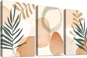 Uppsättning av 3 akvarellgula cirklar gröna blad canvasbilder med ram minimalistisk geometrisk botanisk bild på duk målning v