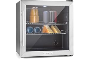 Klarstein Getränkekühlschrank, Kühlschrank Klein mit 2 Ablagen, Minikühlschrank Lautlos für Büro Camping Outdoor mit Glastür, Mini Fridge 3-10°C, Bierkühlschrank 47L, Silber/Schwarz