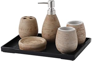 TAUZVEOK Bad-Accessoires Set Keramik Badezimmer 6-Teilig Mit Seifenspender Zahnbürstenhalterung Seifenschale Becher Und Ablagefach Luxuriöses Badezimmer-Set,Braun