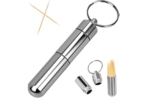 RLMVGBX Pocket Toothpick Holder Waterproof Aluminium Alloy Toothpick Box Metal Pill Case with Key Ring, 2.8 x 0.6 Inch