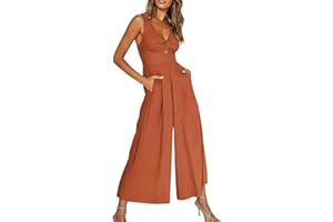 GENERIC Femme Combinaison Décontractée Overall pour Femme Jambe Large Combinaison Sans Manches Décolleté en V Dos Libre Combinaison Baggy Uni Combinaison avec Poches 2024 Vêtements