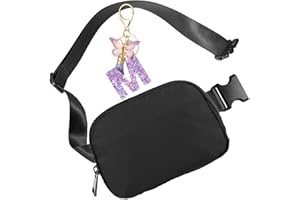 VPOOFREE Black Bumbags Fanny Pack for Women Men Cross Body Bum Waist Bag Crossbody Belt Purse with Letter M Keyring Initial Butterfly Key Ring(Black Bumbag for M)