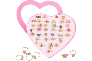 Hillylolly Girl Rings for Kids Girl Rings Set, Rings Set for Teen Girls, Adjustable Rings Set for Little Girls, 36 Rings, Adjustable, With Heart Shape Pink Box, Gift for Girls Birthday