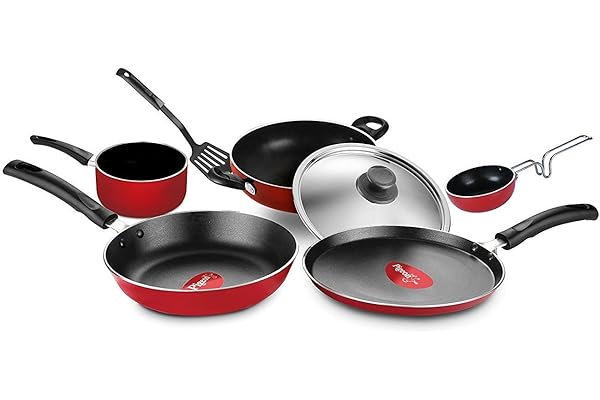 Pigeon Favourite 7 Piece Gift Set Non-Stick Coated Comes with Fry Pan, Kadhai, Lid, Sauce Pan, Spatula, Tadka Pan and a Tawa - Gas Stove Compatible (R
