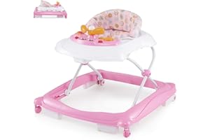 Maxmass 4 in 1 Baby Walker, Foldable Infant Activity Center with 3 Adjustable Heights, Removable Lights and Music Tray & Padded Seat Cushion, Toddler Push Along Walker for 6-14 Months (Pink)