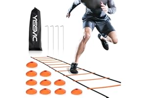 YISSVIC Kit Entrenamiento Futbol Juego Escalera de Agilidad 6 m 12 Peldaños con 10 Conos 4 Postes para Niños y Adultos