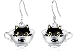 EUDORA Harmony Ball Srebro wysokiej próby 925 czarne kolczyki koła z kotem dla kobiet, urocze kolczyki z kociakiem dla córki, kolczyki dla kociąt biżuteria prezent dla mamy żony, Srebro szterlingowe