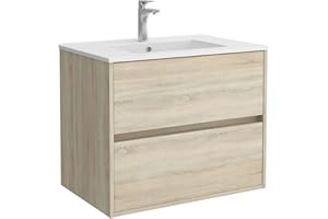 SALGAR Conjunto Mueble baño 70 cm con Lavabo 100% montado de fábrica | Modelo Noja acabado Madera Roble Caledonia suspendido 2 cajones cierre amortiguado Tiradores tipo uñero con Lavabo porcelana blanca