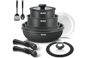 BEZIA Induction Hob Pans Set 13 Pieces, Non Stick Pots and Pans Set with Detachable Handles, Nonstick Kitchen Cookware Sets with Removable Handle, Stackable RV Frying Pans for Campers, Oven Safe