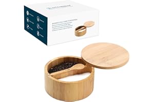 KITCHENDAO Scatola per sale e pepe in bambù, cucchiaio da portata incorporato per prevenire perdute, coperchio girevole con magnete per mantenere asciutto, senza polvere, capacità 7Oz ogni scomparto