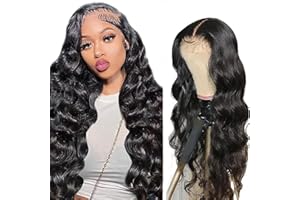 Hxxcoup Glueless Wig 5x5 Lace Front Wig Body Wave Peluca Mujer Pelo Natural Humano Afro Wigs Natural Brasileña Humano Unprocessed Virgin Remy Hiar Black Wig Long Hair Wig 28 Inch