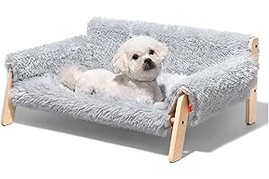MEWOOFUN Cat Bed Sofa Wooden, Sturdy Fluffy Cat Couch Bed Dog Beds for Cats and Small Dogs Pet Furniture Elevated with Removable Mattress Cover (Grey, 70x53x30cm)