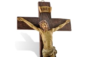 PlentifulHome Jesus Crucifix Wall Cross Catholic – Hand Painted Big Wood Textured Resin Vintage Christ Nailed on The Cross Modern Door Hanging Decor Religious Gift – 24.5 cm Tall