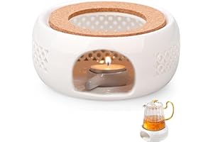 KOIROI Réchaud pour Théière, Chauffage en Porcelaine, Chauffe Thé en Céramique avec Tampon en Liège et Cuillère, Base Chauffante Théière, Design Creux Sculpté, Convient pour Le Thé et Le Café.