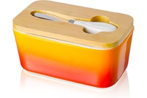 Beurrier en Porcelaine, Candiicap Boîte à Beurre avec Couvercle et Couteau à Beurre, Conteneur de Beurre avec Bague d'Étanchéité en Silicone pour Tous les Types de Beurre (Orange Tropicale)