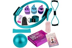 Revalinx Kit Pilates Casa 9pcs, Conjunto Yoga Pilates con Aro Pilates Mujer, Pelota Yoga, Bandas Resistencia, Correa, Elástico, Calcetines Antideslizantes, Accesorios Pilates Mujer