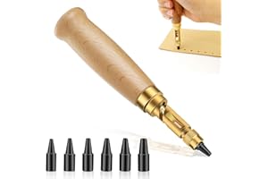 HIKPACKER 6 Stück Automatische Lochstanzer Leder, 1,5mm /2mm /2,5mm /3mm /3,5mm /4mm Schrauben-Locher zum Leder Holzgriff, Automatik Körner Austauschbarer Locher Hohlstanzer-Set für Leder, Papier, Basteln