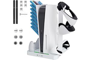 JINGDU Estación de Carga para Controladores de PlayStation VR2/PS5,Soporte con Ventilador de Refrigeración para PS5 y Doporte de Exhibición de Auriculares PSVR2