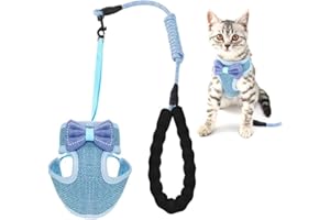 PAILEWEI Cat Harness and Lead Set Escape Proof, Adjustable Soft Kittens Vest Strip, Vest Harness Breathable Mesh,With 45 inch Leash,Cute Bow Design, for 2.5kg - 10kg Small Medium Cats (Blue)