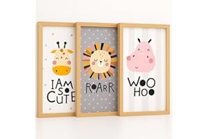 LENI LOTTE KINDERBILDER MIT HOLZRAHMEN | AUFHÄNGFERTIG | Bilder Kinderzimmer Deko Junge Babyzimmer Deko Mädchen Jungen Baby Zimmer Dekoration Kleinkinderzimmer Poster 3er Set Wandbilder A4 30x21 - KB01