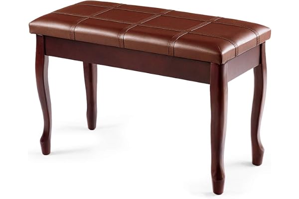 GOPLUS Banc de Piano Double en Bois Massif Robuste avec Siège Rembourré en Cuir PU, Tabouret Piano 2 Places avec Compartiment de Rangement, Charge Max 180KG (Marron, Pied Incurvé,Bande)