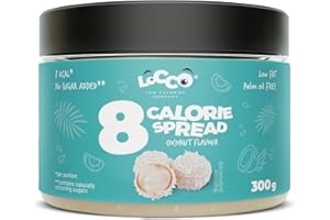 LOCCO LOW CALORIES COMPANY 8 Calorie Crema spalmabile al gusto di cocco Solo 8 calorie per porzione Crema a basso contenuto di grassi Senza zuccheri aggiunti Senza olio di palma Dieta Keto Vegetariana Pasta liscia 300 g