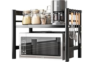 ‎YENTAKE YENTAKE Verstellbares Mikrowellenregal, 2-Stufig Erweiterbares Küchen Mikrowelle Ständer Regal, Mikrowellenhalter aus Kohlenstoffstahl, Küchenaufbewahrung Organizer mit 6 Haken, Schwarz