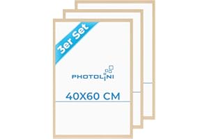 PHOTOLINI Marcos 40x60 cm madera MDF natural, set de 3 marcos para pósteres, cristal acrílico, para colgar, incluye accesorios - para fotos, láminas y pósteres
