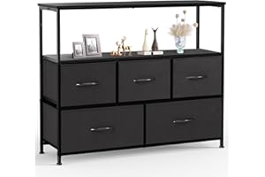 ‎SWEETCRISPY Sweetcrispy Kommode,TV Schrank Stand für Schlafzimmer mit 5 Stoffschubladen,Sideboard Wohnzimmer für 115cm TV,Einstellbare Füße Schubladenschrank,Komodenschrank für Schlafzimmer,Modernes Schwarz