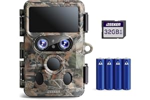 iZEEKER Cámara de Caza WiFi, 4K 60MP Dual Lens Cámara Fototrampeo Caza con Visión Nocturna Starlight, Ángulo de Detección de 120°, 0.1s Tiempo de Activación con Tarjeta SD de 32GB y 4 Pilas AA