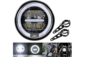 Natgic Reflektor motocyklowy, 14 cm, vintage, retro, motocykl, lampa LED z czarnym uchwytem (38 mm-51 mm), reflektor drogowy/mijania do Harley Honda Cafe Racer (białe światło)