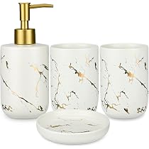 Set Accessori Bagno In Marmo Bianco 6 Pezzi: Portasapone, Dispenser, Portaspazzolino E Bicchieri