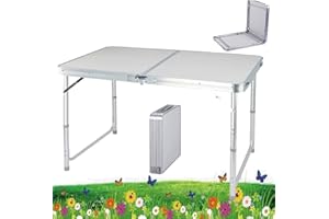 YouseaHome 4ft Pop-Up Trestle Table Aluminum Rectangle Camping Folding Table Portable Adjustable Garden Outdoor Picnic Table Kitchen Work Top Table, White, 120x60x70/62/55cm