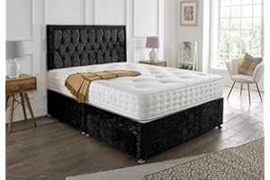 SANA SLEEP Designer Damask Memory Foam Divan Bed Set With Mattress, 2 Drawers (Same Side) and Headboard 4FT6 Double - Black Crushed Velvet