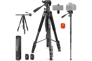 NEEWER Basic 74" Video Tripod Monopod w/ 3 Way Pan Tilt Head & Remote, Overhead Mount w/Horizontal Central Axis, Holder for DSLR, Telescope, Projector, Max Load 17.6lb, TP05