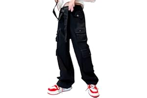 Rolanko Girls Baggy Cargo Trousers, Elastic High Waist Straight Wide Leg Streetwear Pants with Multi Pockets
