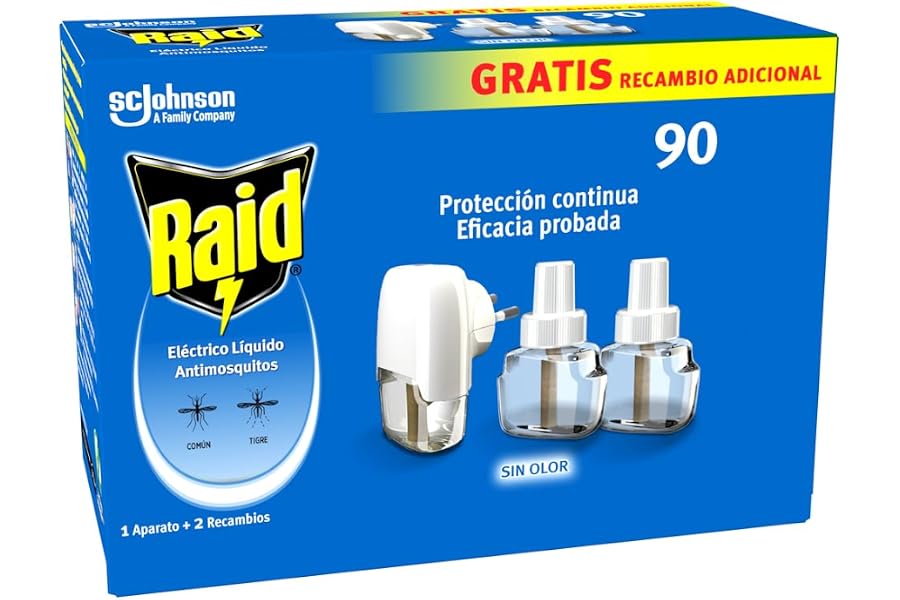 Raid Líquido Eléctrico, protección frente al mosquito común y tigre, hasta 90 noches de protección, sin olor, 1 aparato + 2 r
