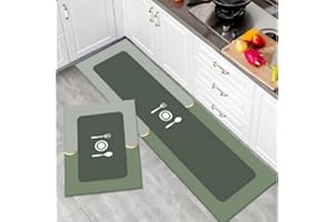 TOKLYUIE Kitchen Floor Mats, 2 PCS Kitchen Mat Set, Water Absorbent and Quick Drying Kitchen Rugs, Non-slip Kitchen Carpets, Super Absorbent Floor Mat (Green, 40 * 60+40 * 120 cm)