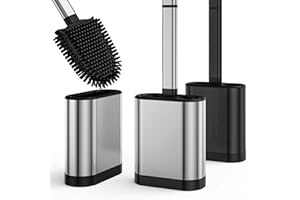 HOMEASY Escobillas de Baño Silicona Acero Inoxidable 304, Cepillo de Silicona TPR para Inodoro Flexible y Suave para Limpieza Profunda, Escobilla Baño WC, Montaje en Pared o en Suelo, Color Plateado