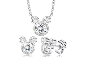 Baobei Kaguyo - Juego de joyas para mujer, plata de ley, circonita transparente, collar con colgante de Mickey Mouse con lazo rojo esmaltado de Minnie Mouse, joyería para mujeres y niñas, regalo de