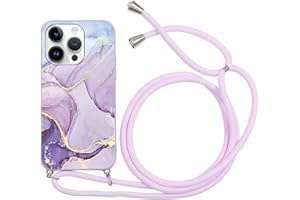 ZhuoFan Handykette Handyhülle für iPhone 14 Pro Hülle mit Band, Aesthetic Marmor Muster Verstellbarer Halskette mit Kordel zum umhängen,Violett Stoßfest Schutzhülle mit Kette Cover,Marble Case