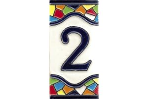 TORO DEL ORO Numéros de maison. Lettres et chiffres en mosaïque. Céramique émaillée, technique de corde sèche peinte à la main. Noms et adresses. Motif mosaïque moyen 5,5x10,5 cm (numéro deux"2")