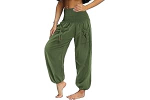 Nuofengkudu Unisex Pantaloni Harem Hippie Tasconi Tinta Unita Vita Alta Larghi Leggeri Yoga Pants Comodo Pigiama Estivi Spiaggia Casual