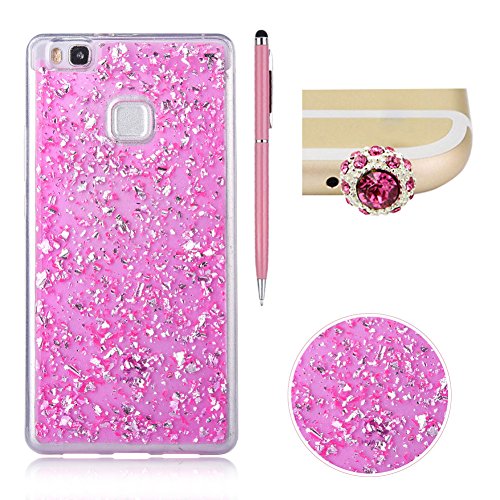 Für Huawei P10 Lite Hülle Glanz ,SKYXD Blattgold Funken Flocken Pailletten Design Schutzhülle Weiche TPU Transparent Silikon Handyhülle mit [ Krone Staubstecker + Eingabestift ] Glitzer Kristall Handytasche Schick Klar Zurück Haut Schlank Etui Schale Fall - Pink