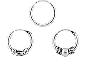 ENTREPLATA Set de 3 Aros Plata 925 – Criollas Tribales Bali + Aro Liso – Pendientes Unisex Hechos a Mano – 10 y 12 mm – Joyas Certificadas