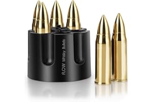 FLOW BARWARE Palline di whisky d'oro Flow XL con supporto per munizioni per revolver, cubetti di ghiaccio in metallo riutilizzabili a forma di proiettili, raffredda le tue bevande senza diluirle