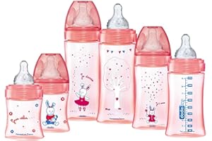 Dodie Geburts-Set mit 6 Babyflaschen Antikolik Initiation+ (2 x 150 ml; 2 x 270 ml, 2 x 330 ml), runder Sauger, BPA-frei, Rosa