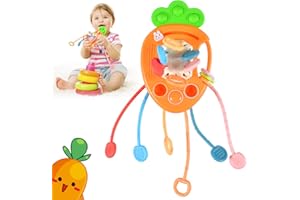 Funmo Jouet Bébé Montessori Sensoriel - Corde à Tirer, Jouets de Voyage et de Dentition Éveil 6-18 Mois - Cadeau d'Anniversaire pour Garçons Filles (Les Carottes)