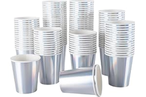 CEILIWEN 100 Pack 9oz Iridescent Holographic Rainbow Paper Cups - 250ml Shiny Metallic Silver Party Cups for Hot & Cold Drinks