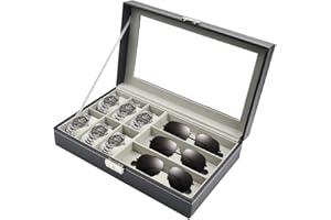 ADERTOS Caja de Almacenamiento para Gafas y Relojes de 9 Compartimentos Caja de Reloj de Cuero para 6 Reloj y 3 Anteojos Caja de Almacenamiento para Guardar Gafas Relojes Joyas (Negro, 33 * 20 * 8cm)